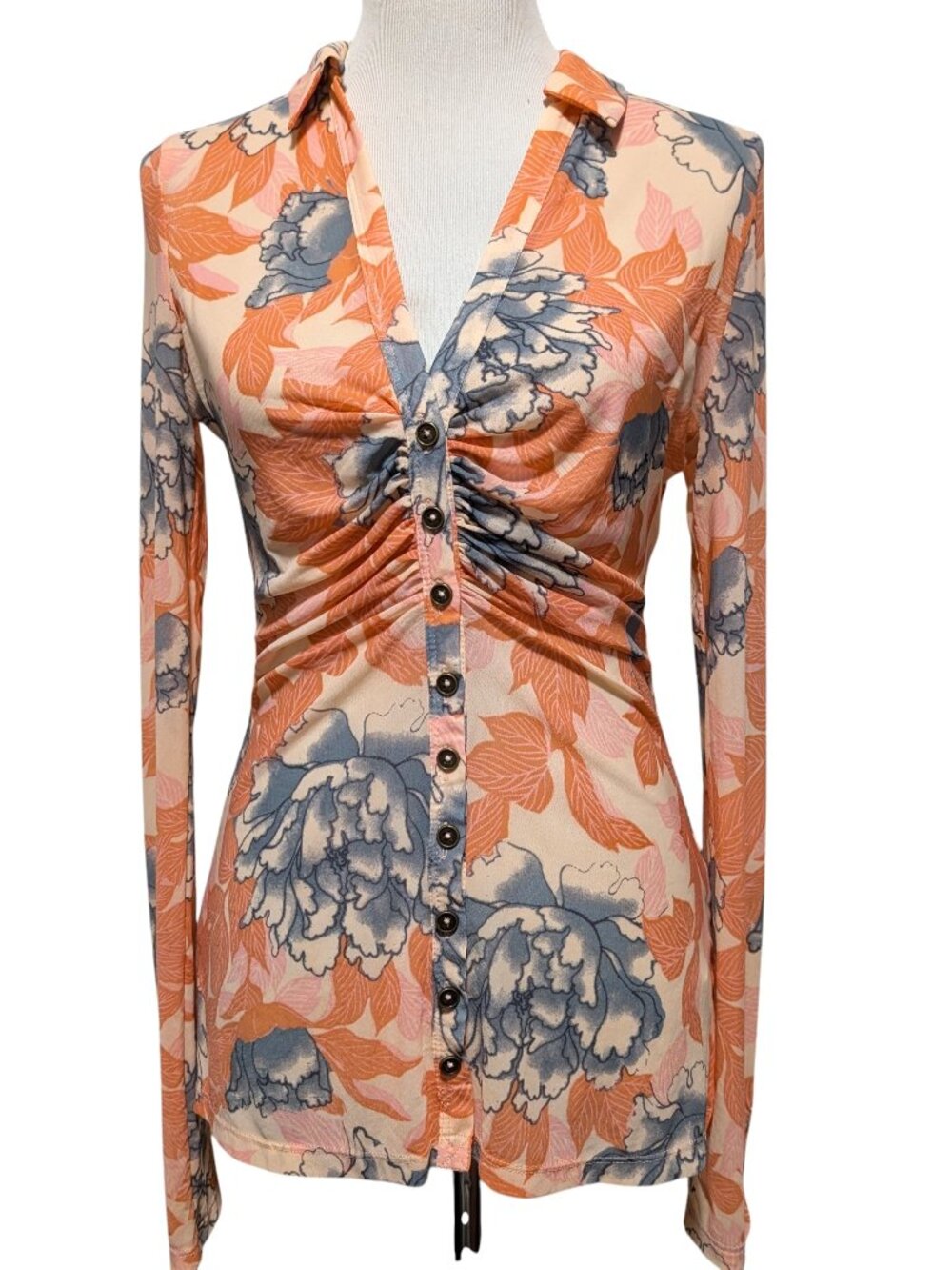 Free People Womens Size S Lucky Shirtee Peach Bloom Floral Ruched L/S Button Top